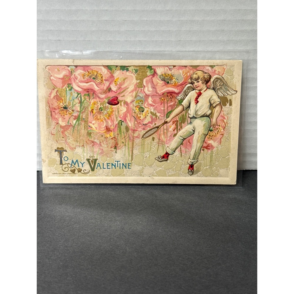 1911 Valentine Postcard Cupid Tennis Player Pink Poppies Embossed Germany